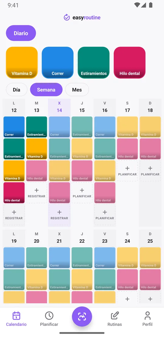 Vista Semana de EasyRoutine de una rutina Diario con casillas de colores para cada actividad registrada y entradas atenuadas para las planificadas aún sin registrar