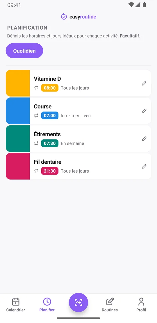 Onglet Planifier d'EasyRoutine listant les activités de la routine Quotidien avec leurs jours et leurs heures