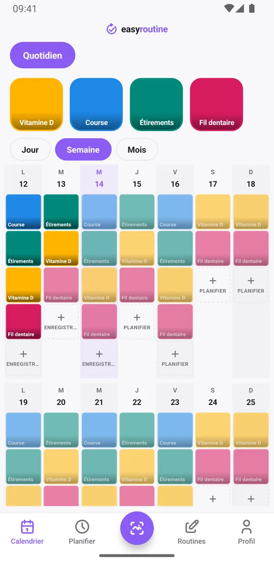 Vue Semaine d'EasyRoutine pour une routine Quotidien, avec des tuiles colorées pour chaque activité enregistrée et des entrées estompées pour celles prévues mais pas encore enregistrées