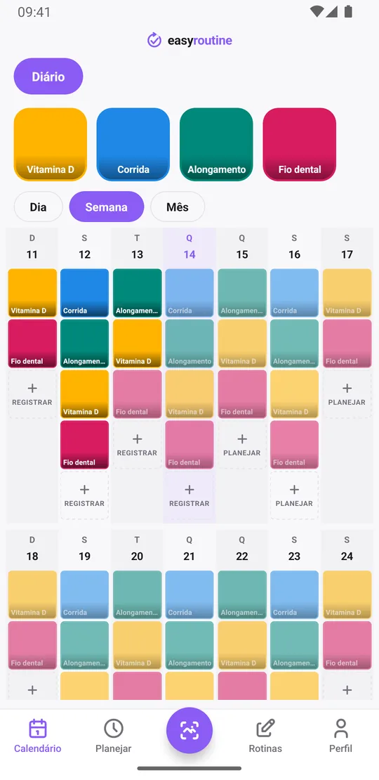 Visão Semana do EasyRoutine de uma rotina Diário com blocos coloridos para cada atividade registrada e entradas esmaecidas para as planejadas ainda não registradas