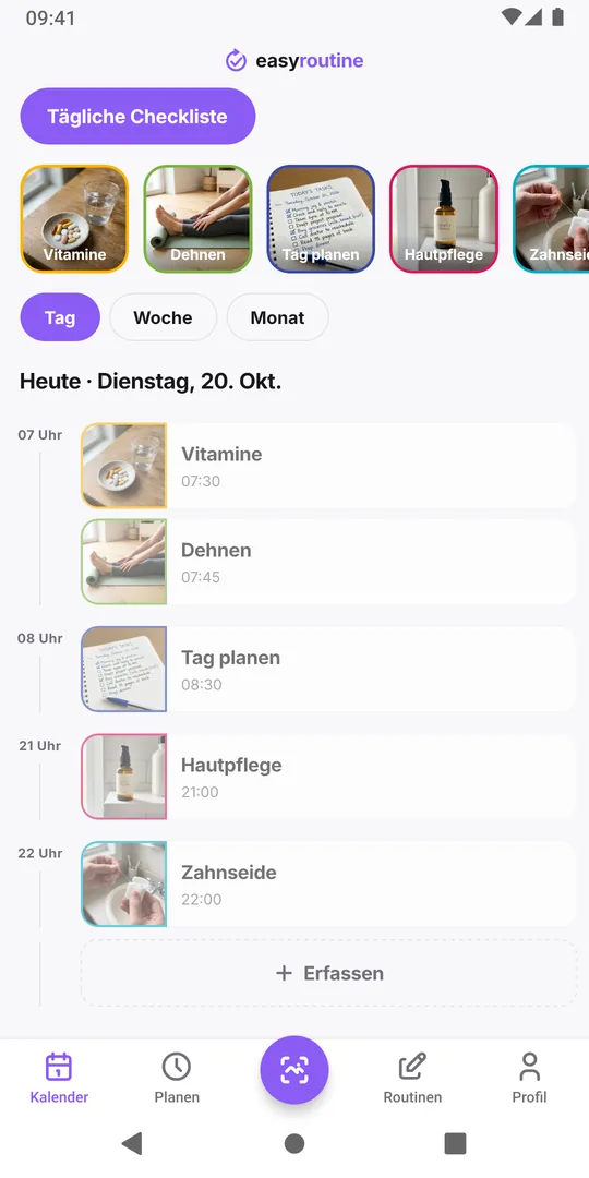 EasyRoutine-Tagesansicht mit farbigen Kacheln für die heute schon erfassten Aktivitäten und blassen Einträgen für die noch geplanten