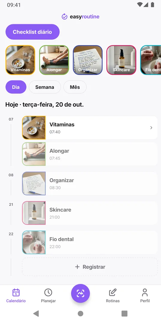 Visão diária do EasyRoutine com blocos coloridos para as atividades já registradas hoje e entradas apagadas para as que ainda estão planejadas