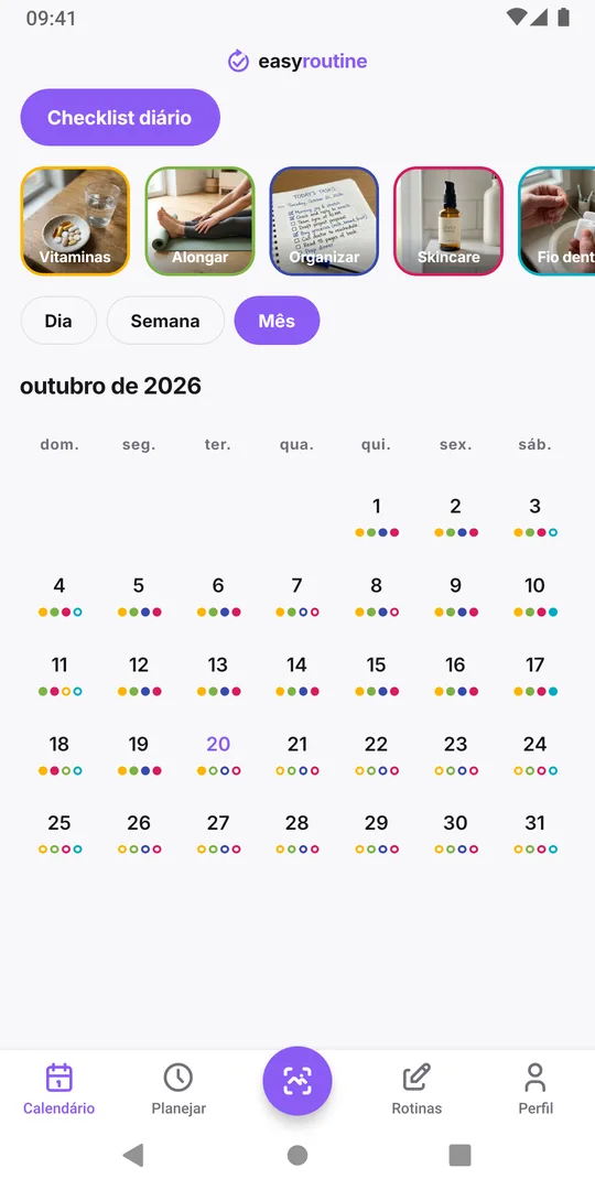 Visão mensal do EasyRoutine com pontos coloridos em cada dia para as atividades registradas naquele dia