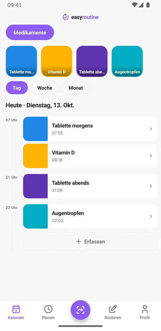 EasyRoutine Tagesansicht einer Routine Medikamente mit erfassten Dosen samt Uhrzeit und blassen Einträgen für geplante, noch nicht erfasste Dosen
