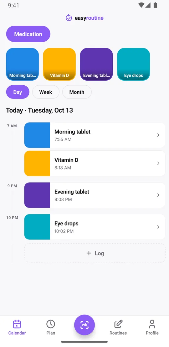 EasyRoutine day view of a Medication routine showing logged doses with their times and planned doses that are not logged yet as faded entries