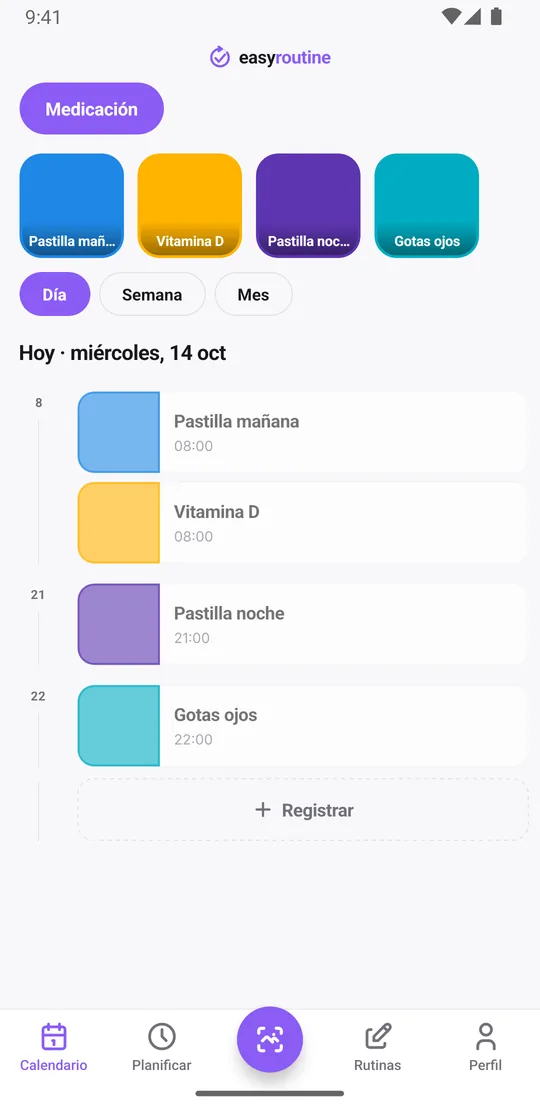 Vista diaria de EasyRoutine de una rutina Medicación con las tomas registradas y su hora, y las tomas planificadas aún sin registrar atenuadas