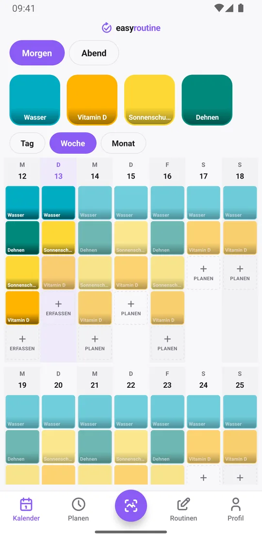 EasyRoutine Wochenansicht einer Routine Morgen mit farbigen Kacheln für jede erfasste Aktivität, derselbe Verlauf auf jedem Handy, auf dem du angemeldet bist