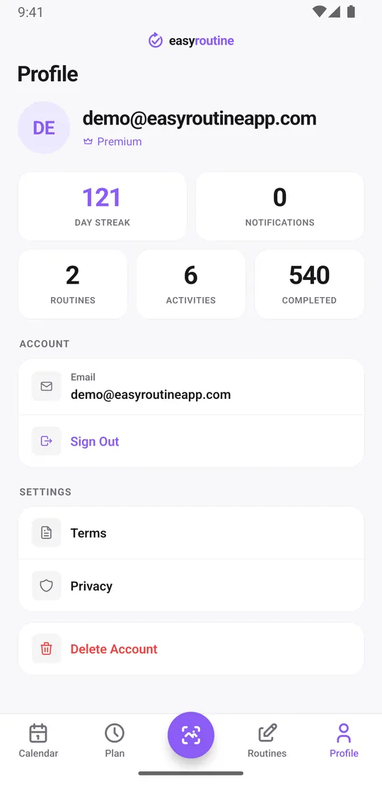 EasyRoutine Profile tab showing the signed-in account with tiles for day streak, notifications, routines, activities and completed logs
