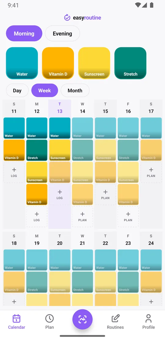EasyRoutine week view of a Morning routine with colored tiles for each logged activity, the same history on any phone where you sign in