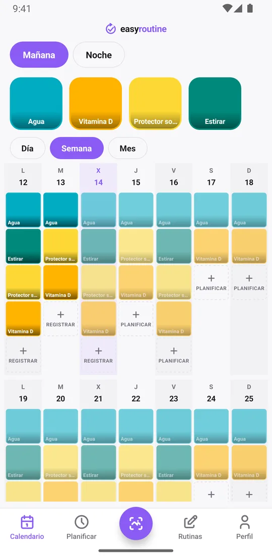 Vista Semana de EasyRoutine de una rutina Mañana con casillas de colores para cada actividad registrada, el mismo historial en cualquier móvil donde inicies sesión