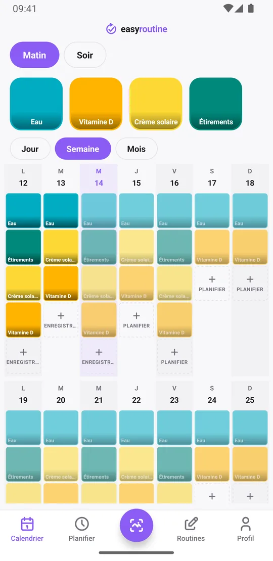 Vue Semaine d'EasyRoutine pour une routine Matin, avec des tuiles colorées pour chaque activité enregistrée, le même historique sur chaque téléphone connecté