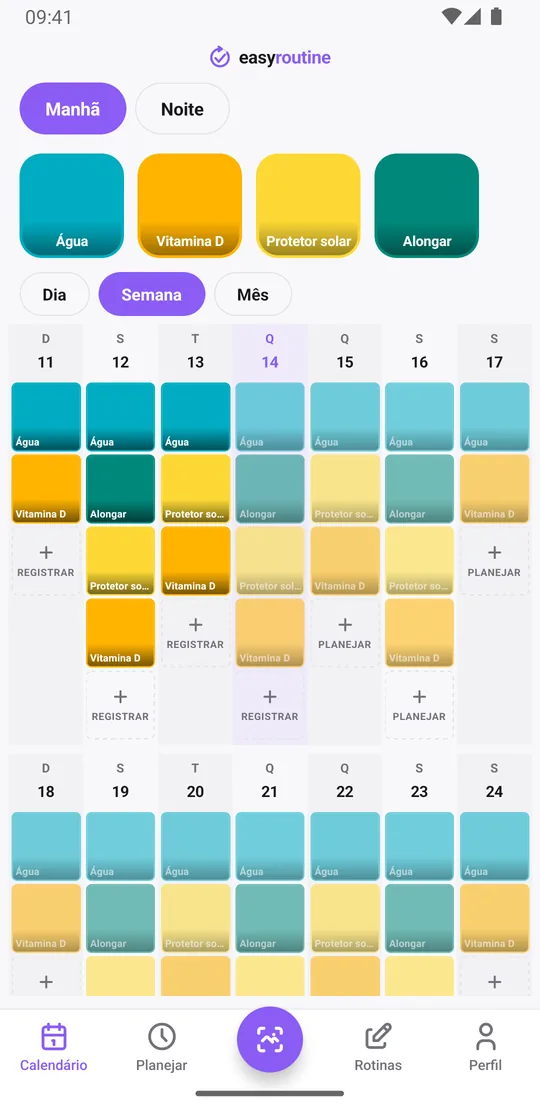 Visão Semana do EasyRoutine de uma rotina Manhã com blocos coloridos para cada atividade registrada, o mesmo histórico em qualquer celular onde você entrar