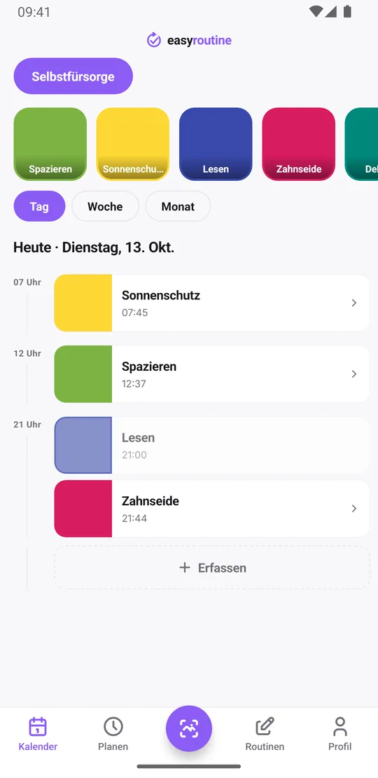 EasyRoutine Tagesansicht mit den heute erfassten Aktivitäten der Routine Selbstfürsorge und ihren Uhrzeiten