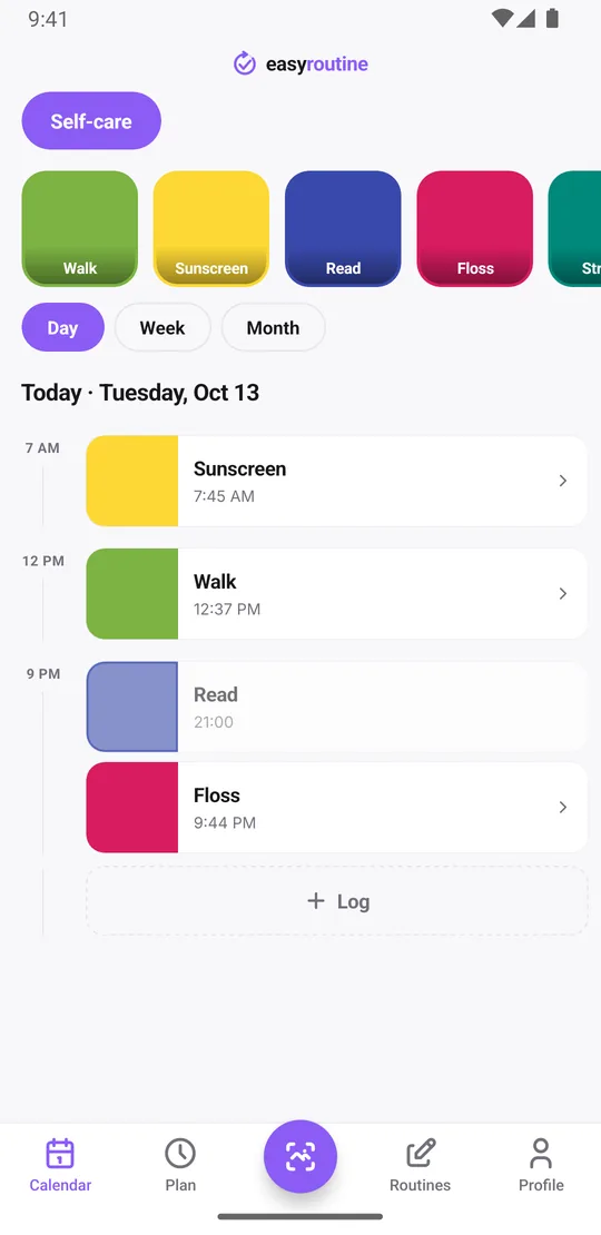 EasyRoutine day view listing the Self-care activities logged today with their times