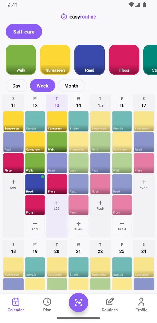 EasyRoutine week view of a Self-care routine with colored tiles for each logged activity