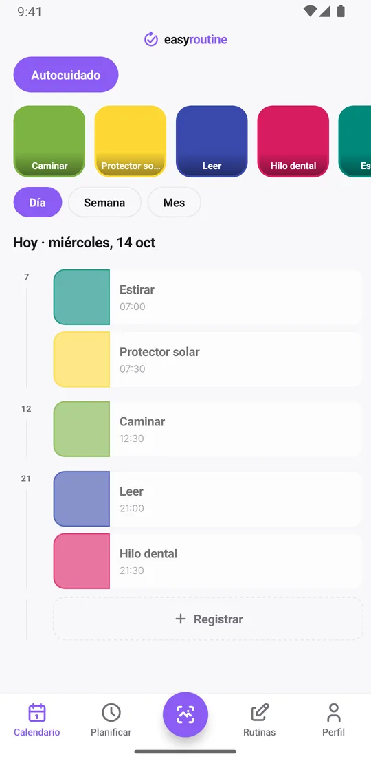 Vista Día de EasyRoutine con las actividades de Autocuidado registradas hoy y sus horas