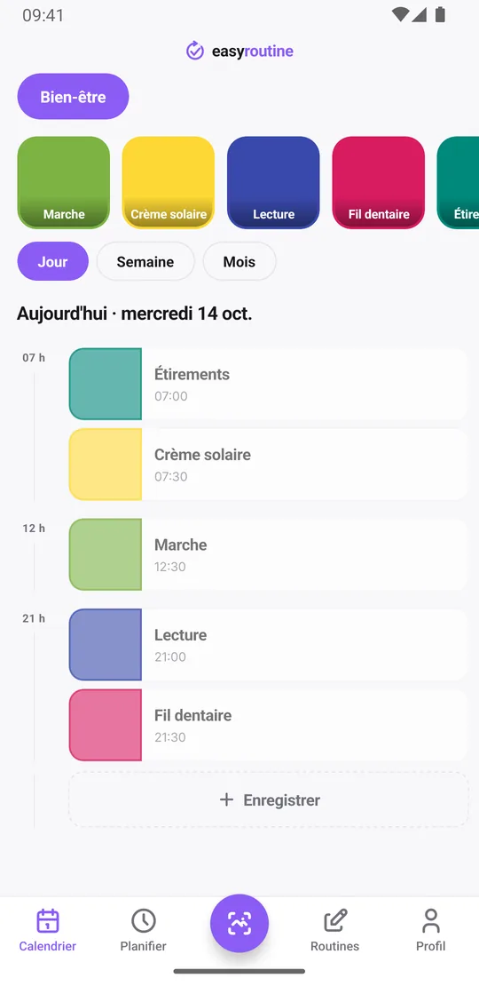Vue Jour d'EasyRoutine listant les activités Bien-être enregistrées aujourd'hui avec leurs heures