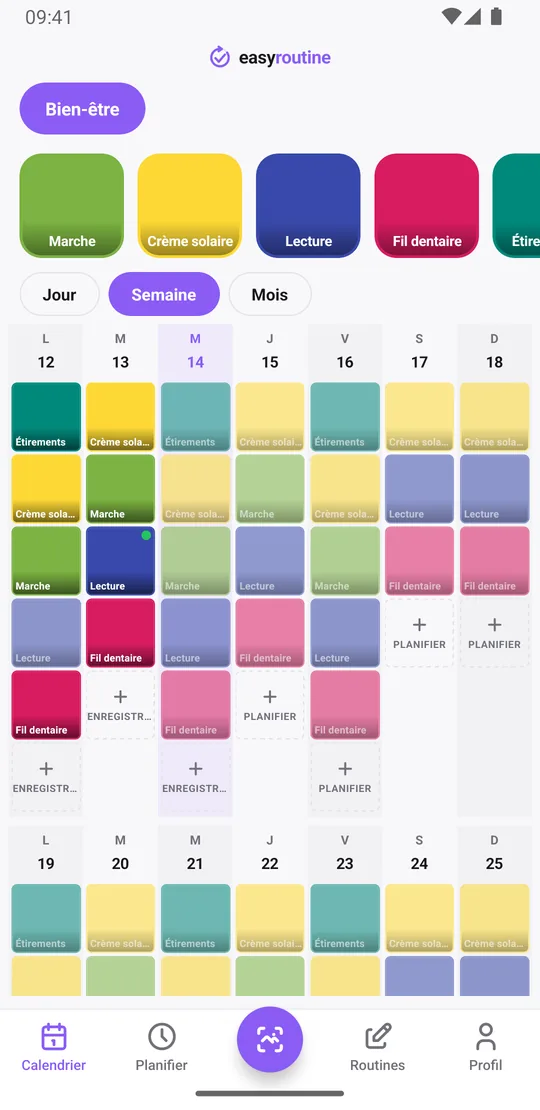 Vue Semaine d'EasyRoutine pour une routine Bien-être, avec des tuiles colorées pour chaque activité enregistrée