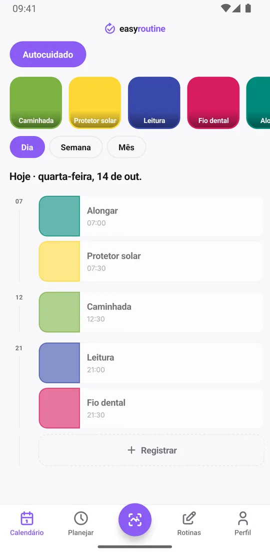 Visão Dia do EasyRoutine listando as atividades de Autocuidado registradas hoje com seus horários