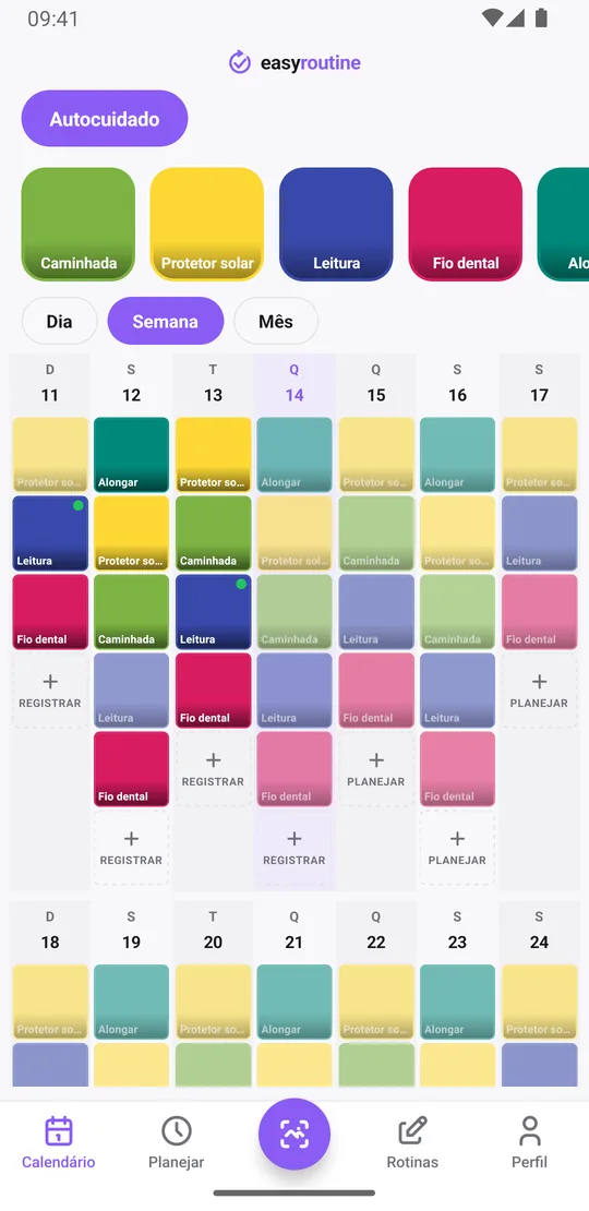 Visão Semana do EasyRoutine de uma rotina Autocuidado com blocos coloridos para cada atividade registrada
