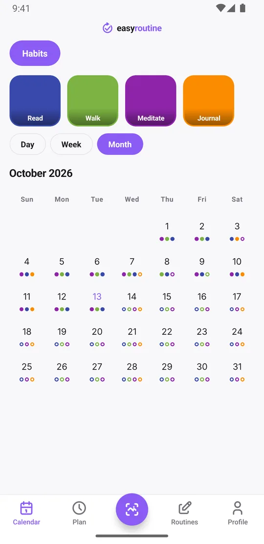 EasyRoutine month view showing colored dots for each logged habit across the whole month