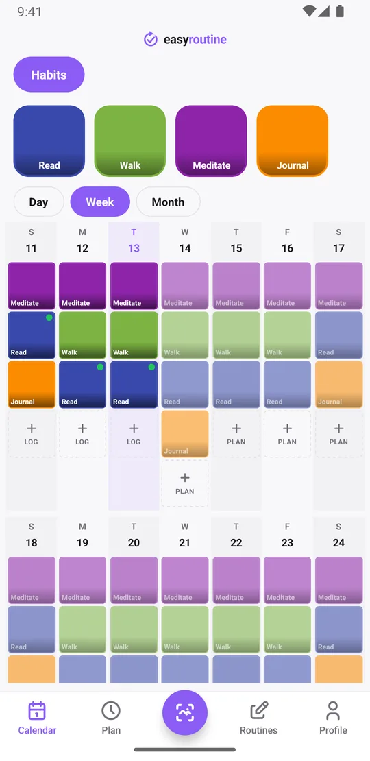 EasyRoutine week view of a Habits routine with colored tiles for reading, walking, meditation and journaling on the days they were done