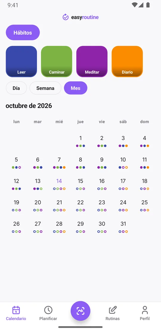 Vista Mes de EasyRoutine con puntos de colores para cada hábito registrado durante todo el mes