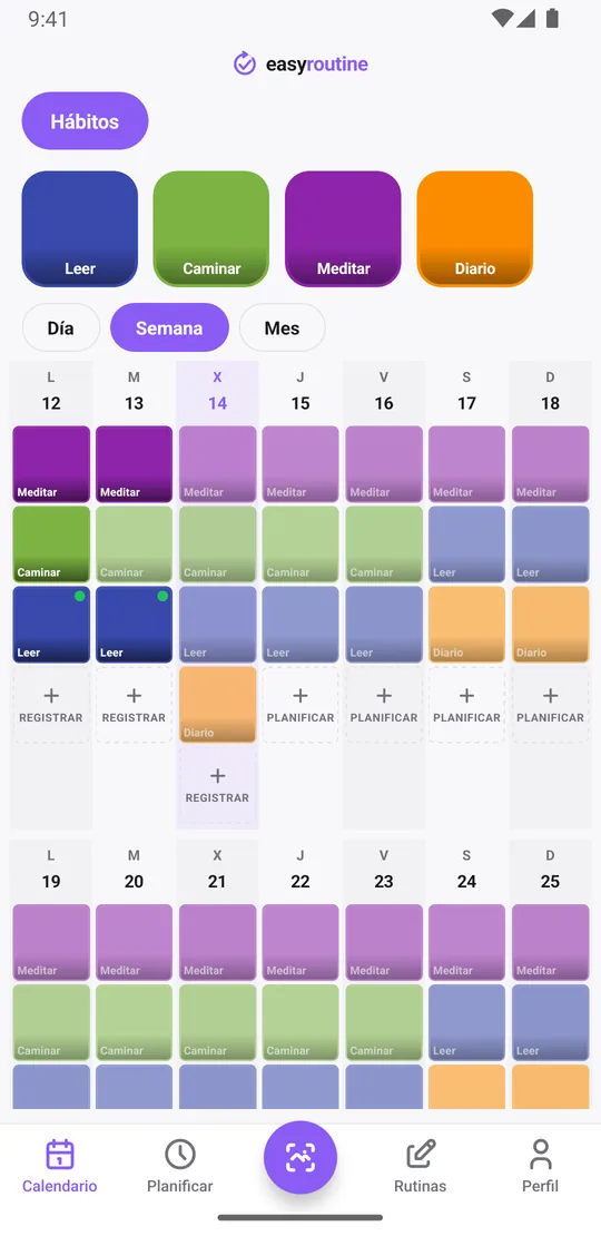 Vista Semana de EasyRoutine de una rutina Hábitos con casillas de colores para leer, caminar, meditar y escribir el diario en los días en que se hicieron