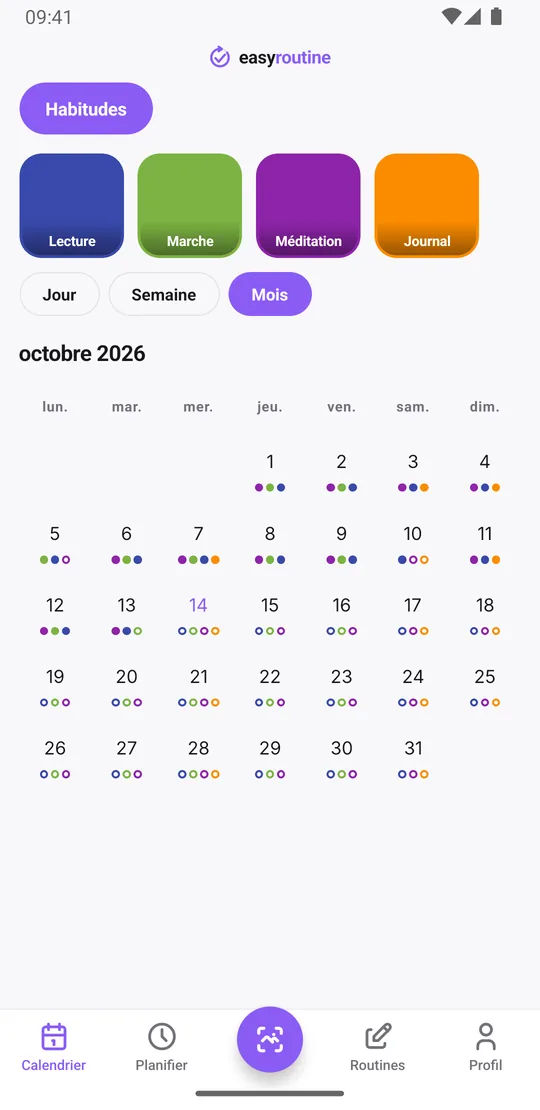 Vue Mois d'EasyRoutine avec des points colorés pour chaque habitude enregistrée sur tout le mois