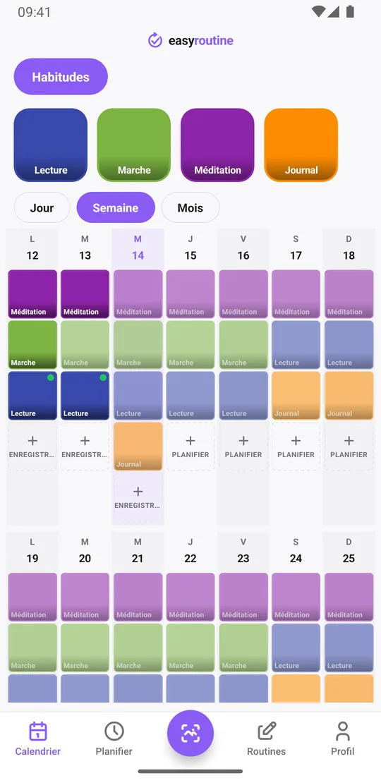 Vue Semaine d'EasyRoutine pour une routine Habitudes, avec des tuiles colorées pour la lecture, la marche, la méditation et le journal les jours où ils ont été faits