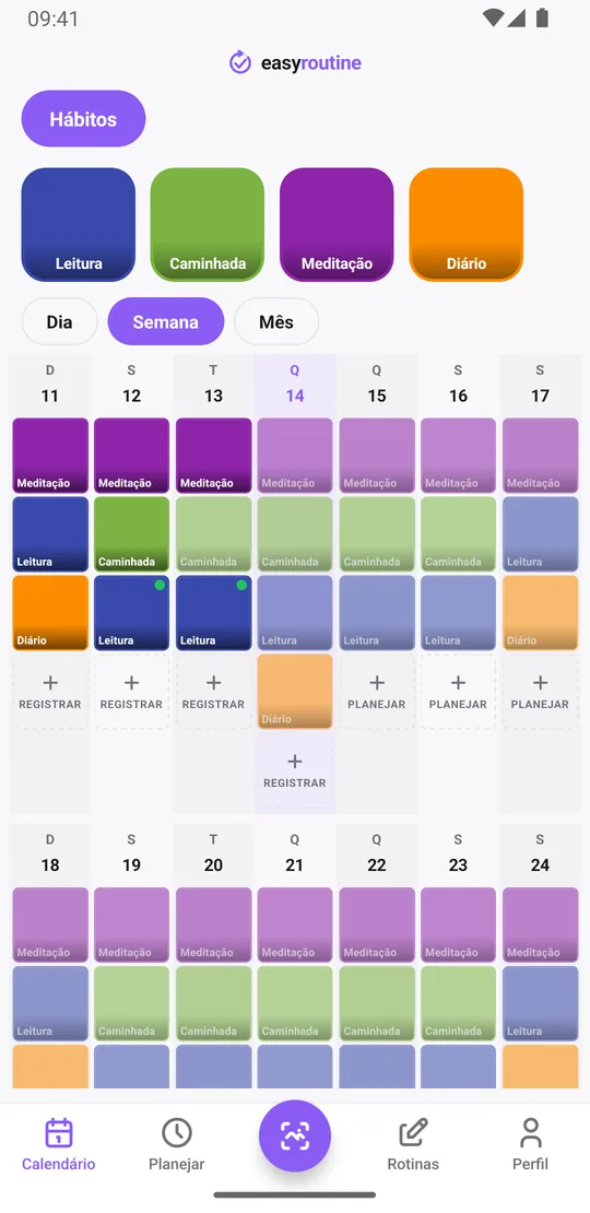 Visão Semana do EasyRoutine de uma rotina Hábitos com blocos coloridos para leitura, caminhada, meditação e diário nos dias em que foram feitos