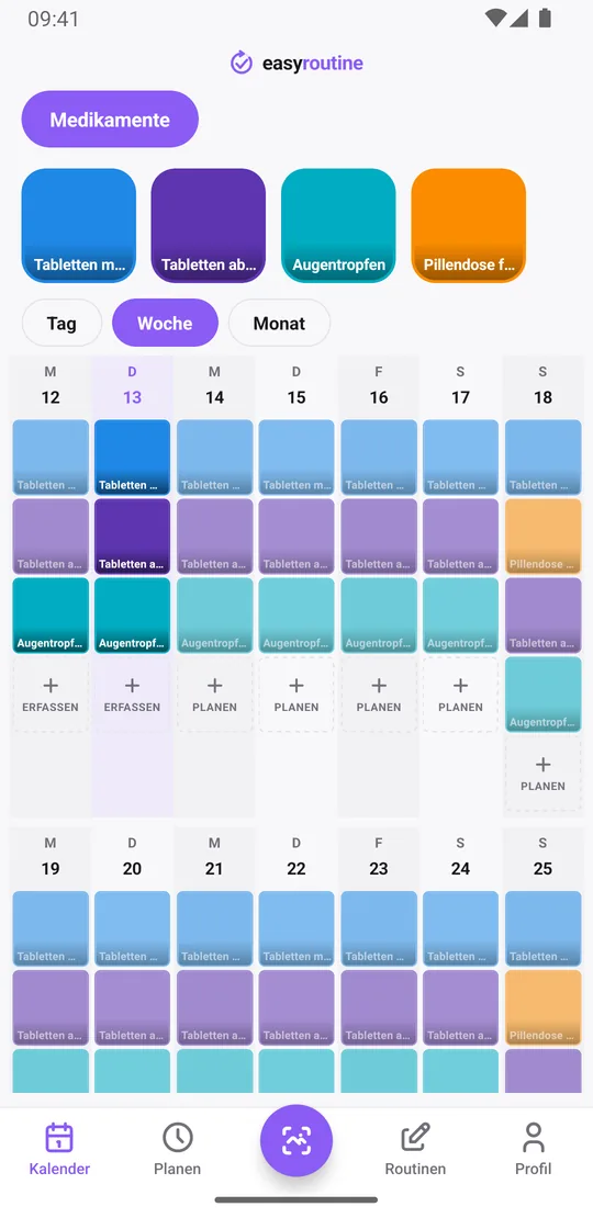 EasyRoutine Wochenansicht einer Routine Medikamente mit Kacheln für Tabletten morgens und abends an jedem Tag, einer Kachel Pillendose füllen am Sonntag und blassen Einträgen für noch nicht erfasste Dosen