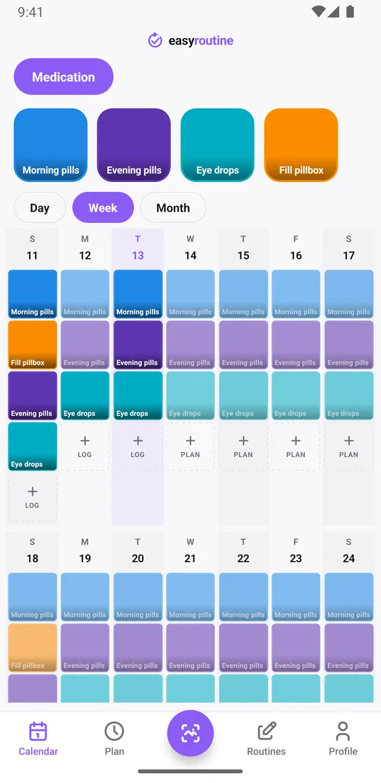 EasyRoutine week view of a Medication routine with tiles for morning pills and evening pills on each day, a Fill pillbox tile on Sunday, and faded entries for doses not logged yet