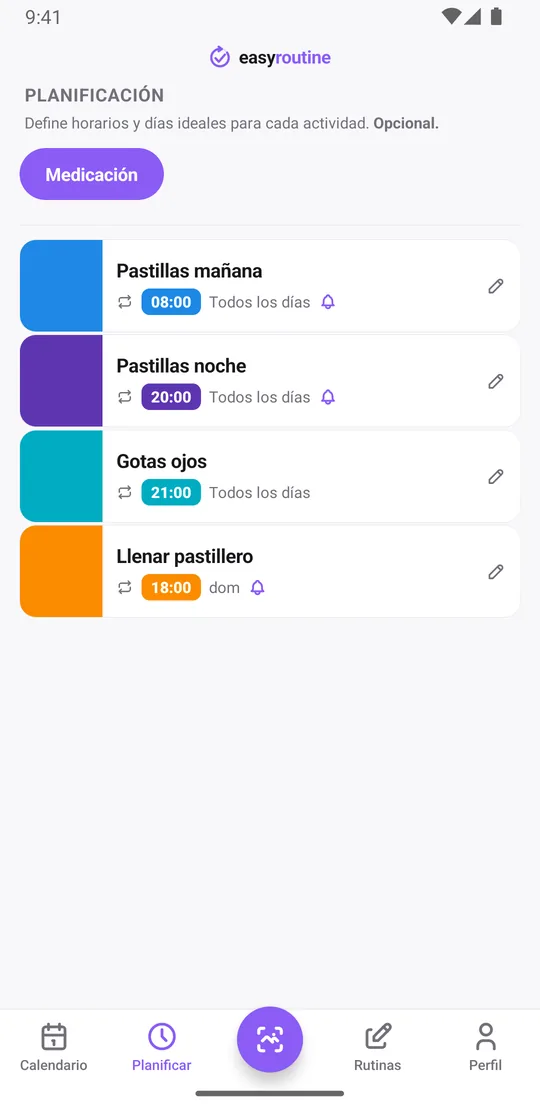 Pestaña Planificar de EasyRoutine para una rutina Medicación: pastillas de mañana todos los días a las 8:00, pastillas de noche todos los días a las 20:00, gotas para los ojos todos los días a las 21:00 y llenar pastillero los domingos a las 18:00, con una campana de aviso en las pastillas de mañana, las de noche y el pastillero