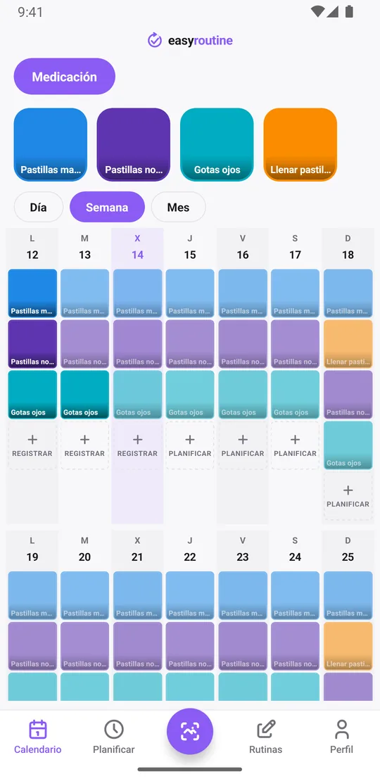 Vista semanal de EasyRoutine de una rutina Medicación con fichas de pastillas de mañana y de noche cada día, una ficha Llenar pastillero el domingo y entradas atenuadas para las tomas aún no registradas