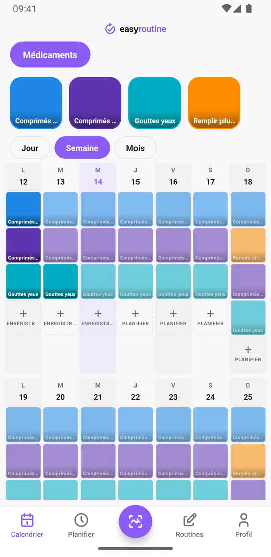 Vue semaine d'EasyRoutine d'une routine Médicaments avec des tuiles Comprimés matin et Comprimés soir chaque jour, une tuile Remplir pilulier le dimanche et des entrées estompées pour les prises pas encore enregistrées