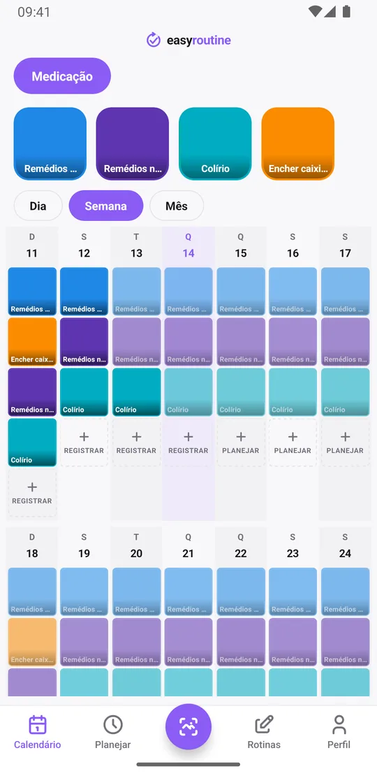Visão semanal do EasyRoutine de uma rotina Medicação com blocos de remédios da manhã e da noite em cada dia, um bloco Encher caixinha no domingo e entradas apagadas para doses ainda não registradas