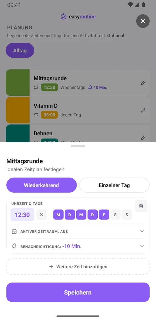 EasyRoutine Zeitplan-Fenster für die Aktivität Mittagsrunde: Wiederkehrend ausgewählt, 12:30, die Tage Montag bis Freitag aktiv, aktiver Zeitraum aus und eine Benachrichtigung 10 Minuten vorher