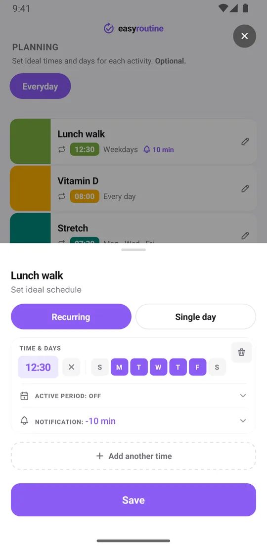 EasyRoutine schedule sheet for the Lunch walk activity: Recurring selected, 12:30, the Monday to Friday chips on, active period off and a notification 10 minutes before