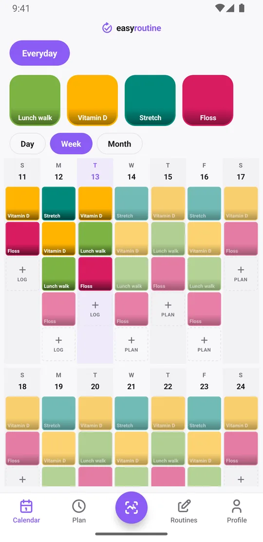 EasyRoutine week view with colored tiles for logged activities and faded entries for planned activities that were not logged