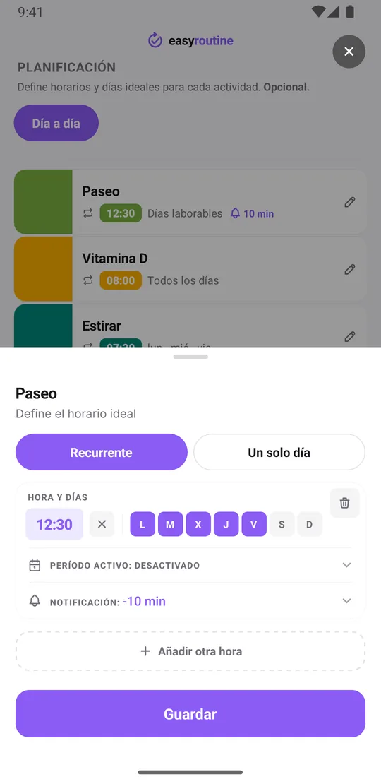 Ventana de horario de EasyRoutine para la actividad Paseo: Recurrente seleccionado, 12:30, los días de lunes a viernes activados, período activo desactivado y una notificación 10 minutos antes