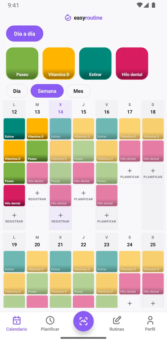 Vista Semana de EasyRoutine con casillas de colores para las actividades registradas y entradas atenuadas para las planificadas que no se registraron