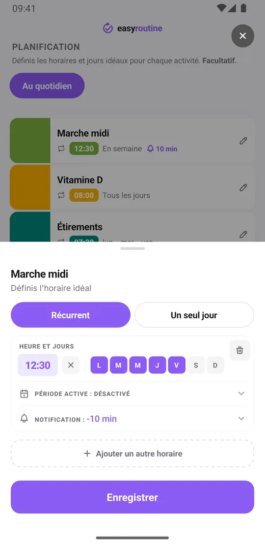 Fenêtre de planning d'EasyRoutine pour l'activité Marche midi : Récurrent sélectionné, 12:30, les jours du lundi au vendredi activés, période active désactivée et une notification 10 minutes avant