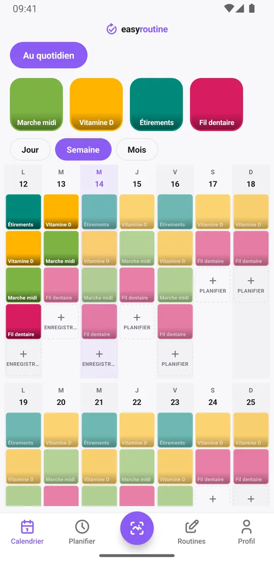Vue Semaine d'EasyRoutine avec des tuiles colorées pour les activités enregistrées et des entrées estompées pour les activités prévues non enregistrées