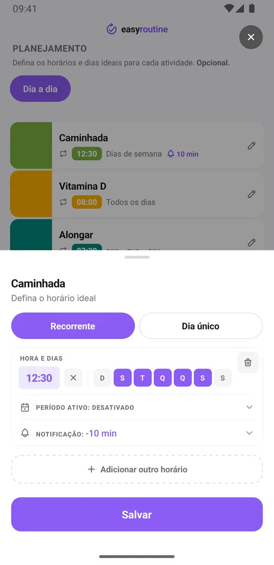Janela de programação do EasyRoutine para a atividade Caminhada: Recorrente selecionado, 12:30, os dias de segunda a sexta ativados, período ativo desligado e uma notificação 10 minutos antes