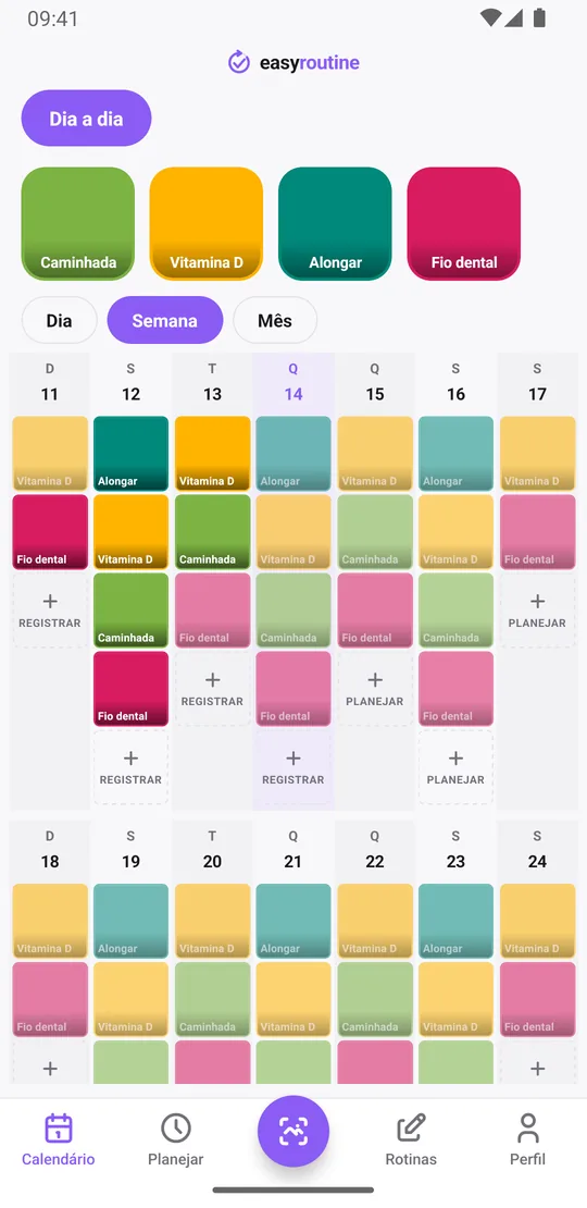 Visão Semana do EasyRoutine com blocos coloridos para atividades registradas e entradas esmaecidas para atividades planejadas que não foram registradas