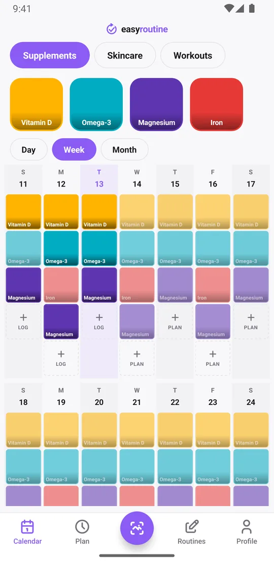 EasyRoutine week view of a Supplements routine with colored tiles for Vitamin D, Omega-3, Magnesium and Iron on the days they were taken