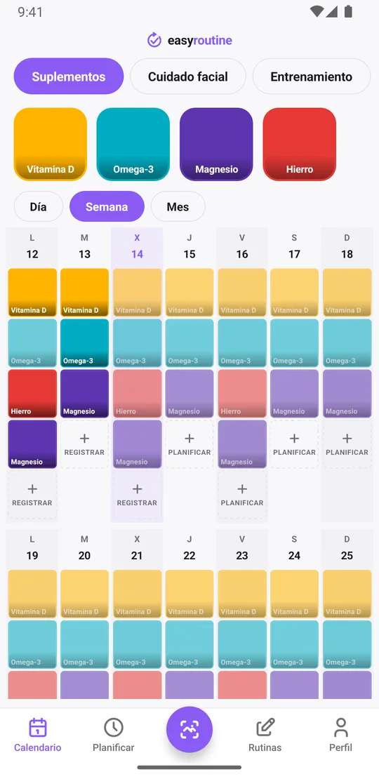 Vista Semana de EasyRoutine de una rutina Suplementos con casillas de colores para Vitamina D, Omega-3, Magnesio y Hierro en los días en que se tomaron