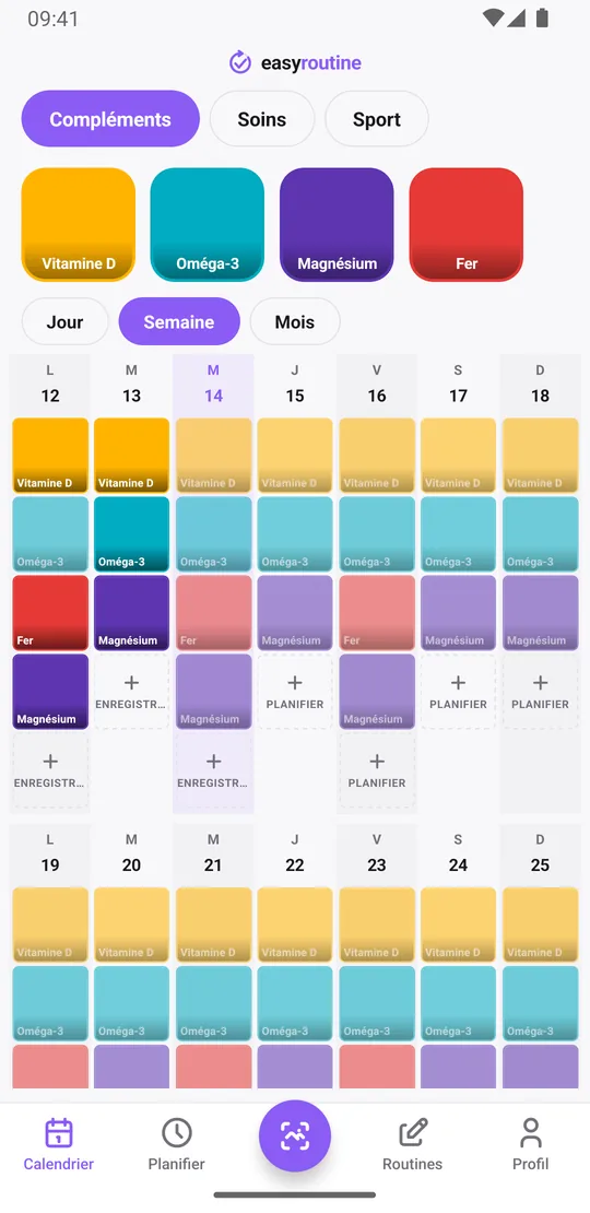 Vue Semaine d'EasyRoutine pour une routine Compléments, avec des tuiles colorées pour Vitamine D, Oméga-3, Magnésium et Fer les jours où ils ont été pris