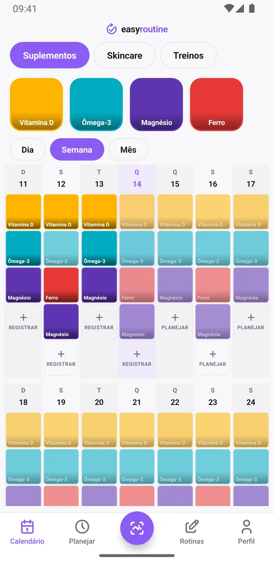 Visão Semana do EasyRoutine de uma rotina Suplementos com blocos coloridos para Vitamina D, Ômega-3, Magnésio e Ferro nos dias em que foram tomados